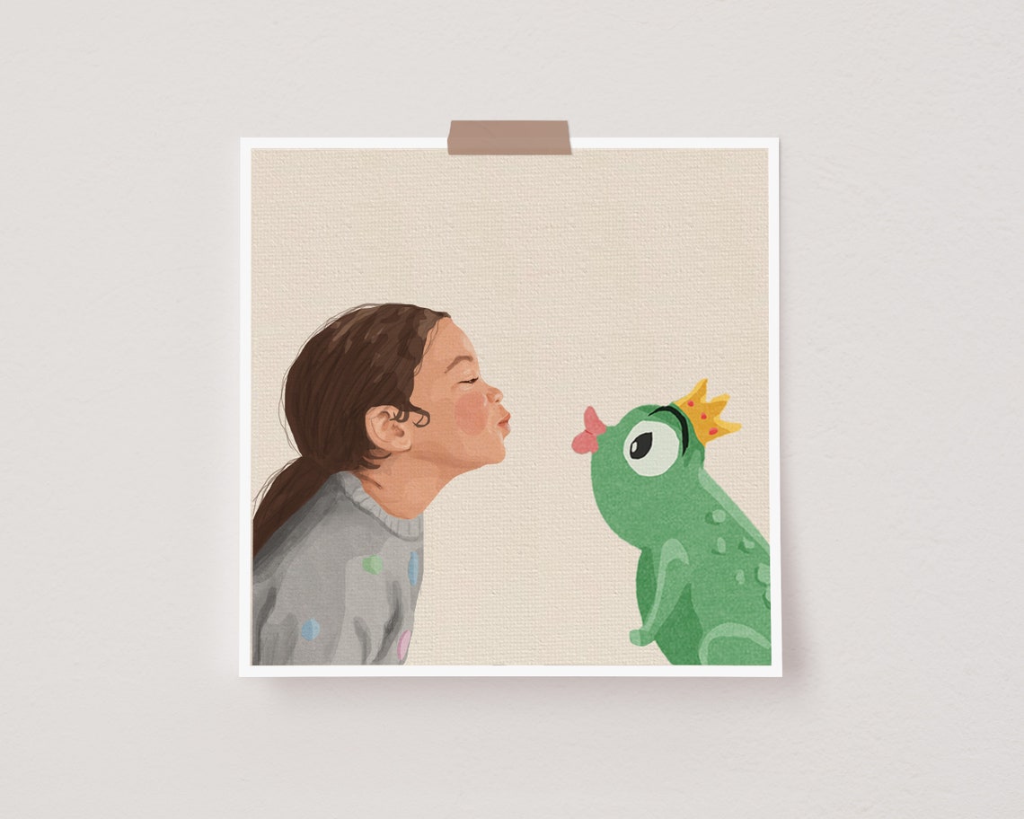Child About to Kiss a Tiny Crowned Toy Frog Whimsical Poster - Image 2