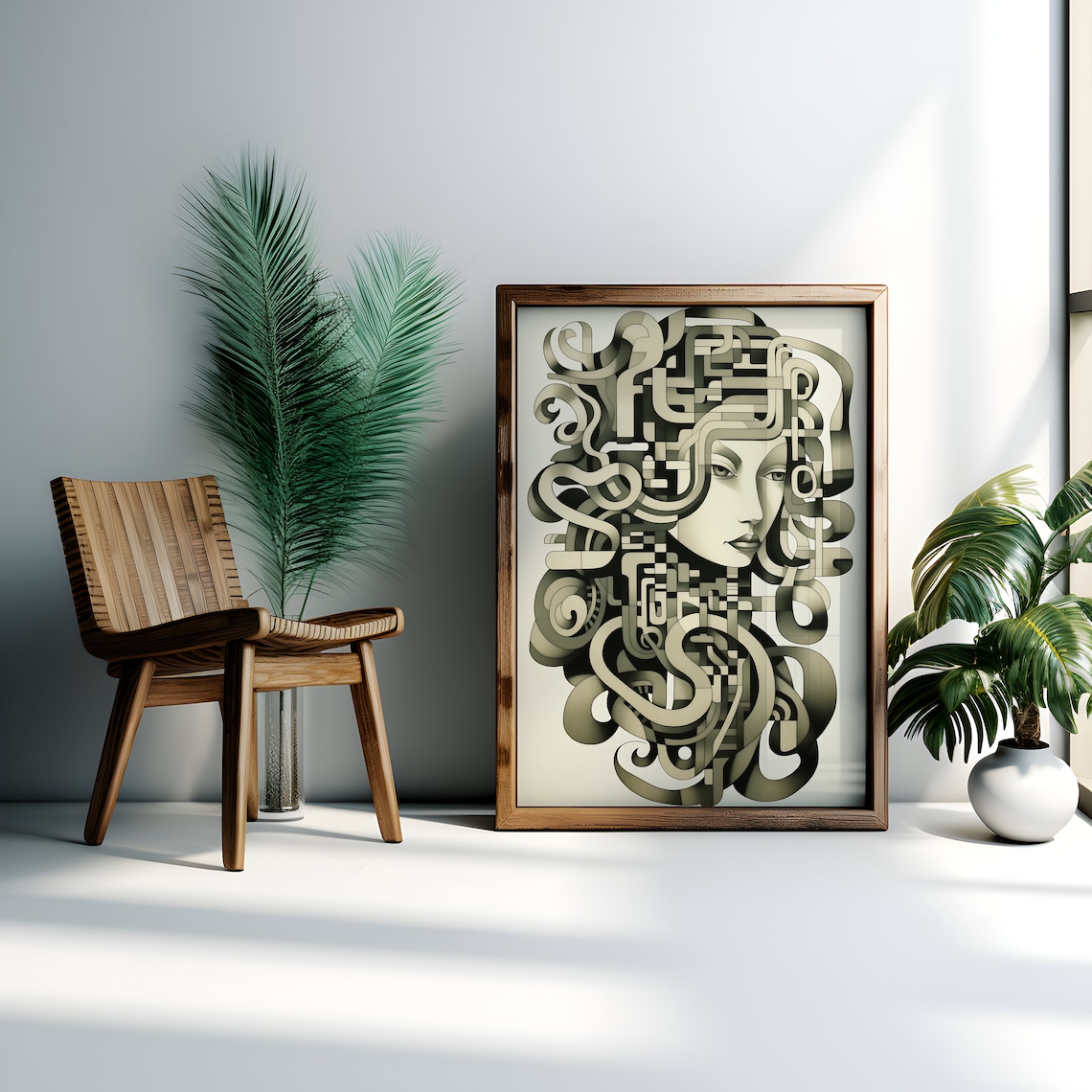 Geometric Woman Portrait in Sage Green Art Deco Style Poster