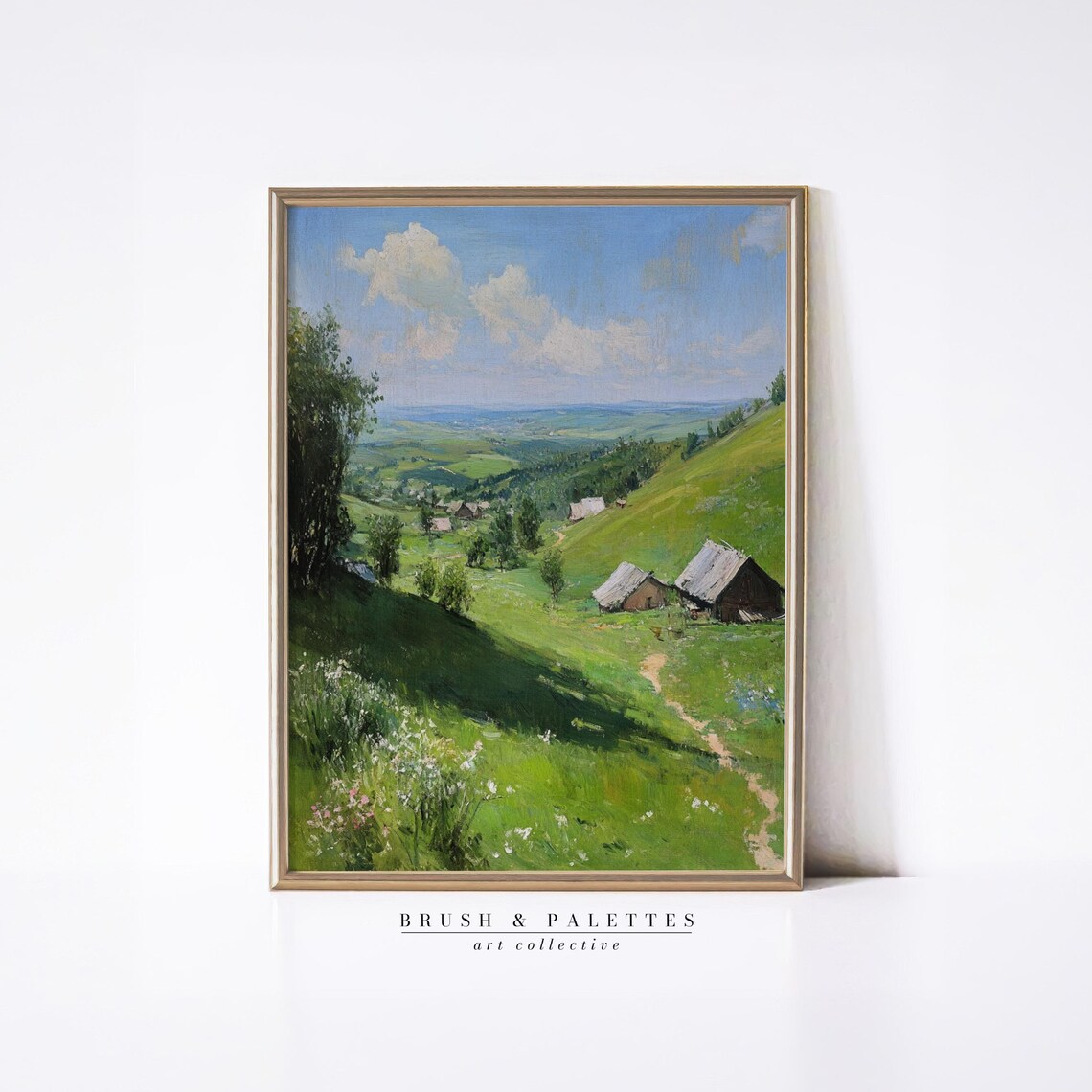 Green Meadow Cottages Summer Landscape Sunny Valley Village Wall Art