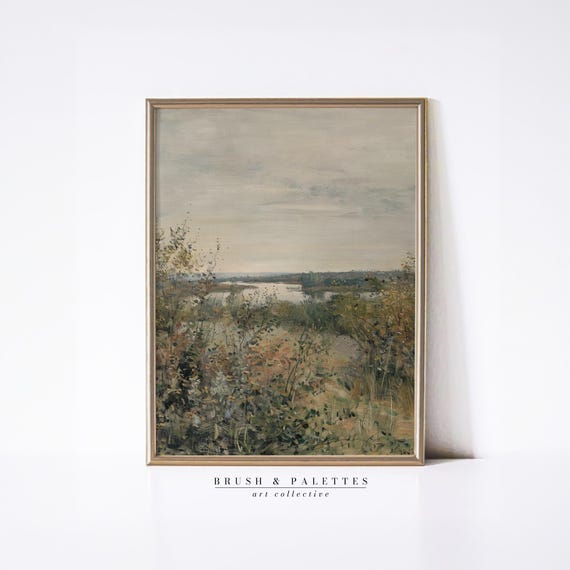 Vintage River Landscape With Trees, Country Farmhouse