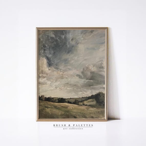 Grassy Hills Cloudy Sky Painting Constablestyle Landscape Wall Art Soft Neutral Scene For Rustic Or Country Homes