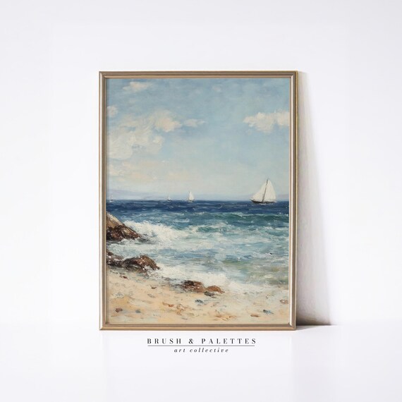 Seaside Sailboats Rocky Shore Ocean Oil Painting Coastal Poster