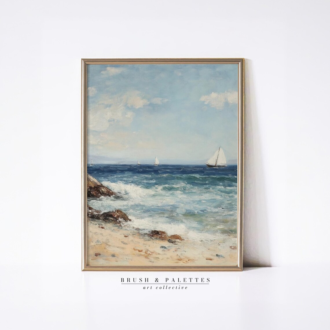 Seaside Sailboats Rocky Shore Ocean Oil Painting Coastal Poster