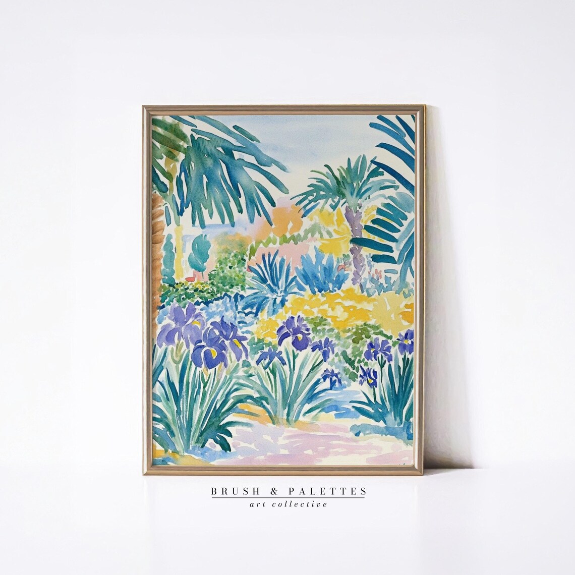 Tropical Watercolor Palm Tree Garden With Purple Iris Flowers Poster