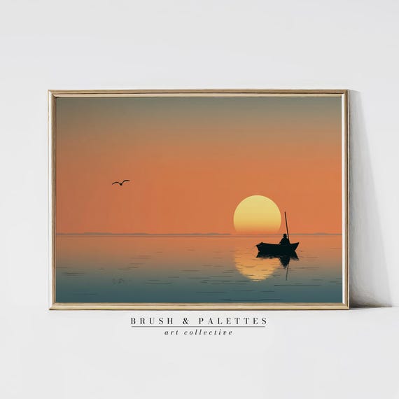 Fishing Boat At Sunset Print Ocean Silhouette Wall Decor Serene Nautical Art For Coastal Or Minimalist Homes