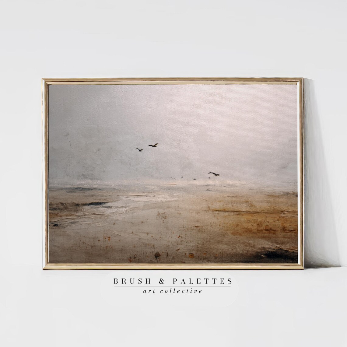 Muted Foggy Beach Painting Birds Flying Coastal Minimalist Poster