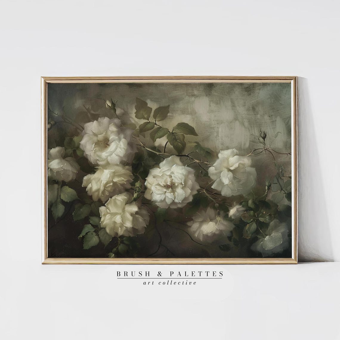 White Roses Climbing On Vine Vintage Dark Floral Oil Romantic Poster