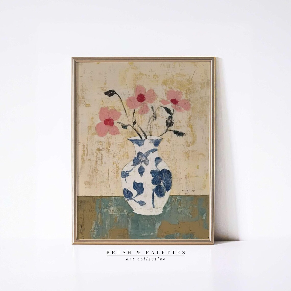 Pink Poppies In Blue Ceramic Vase Naive Style Floral Still Life Poster