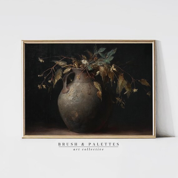 Dark Moody Still Life Painting Rustic Clay Jug Wild Foliage Poster