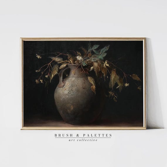 Vintage Still Life With Leaves Botanical Vase Painting Moody Floral Art For Victorian Gothic Or Country Home Interiors