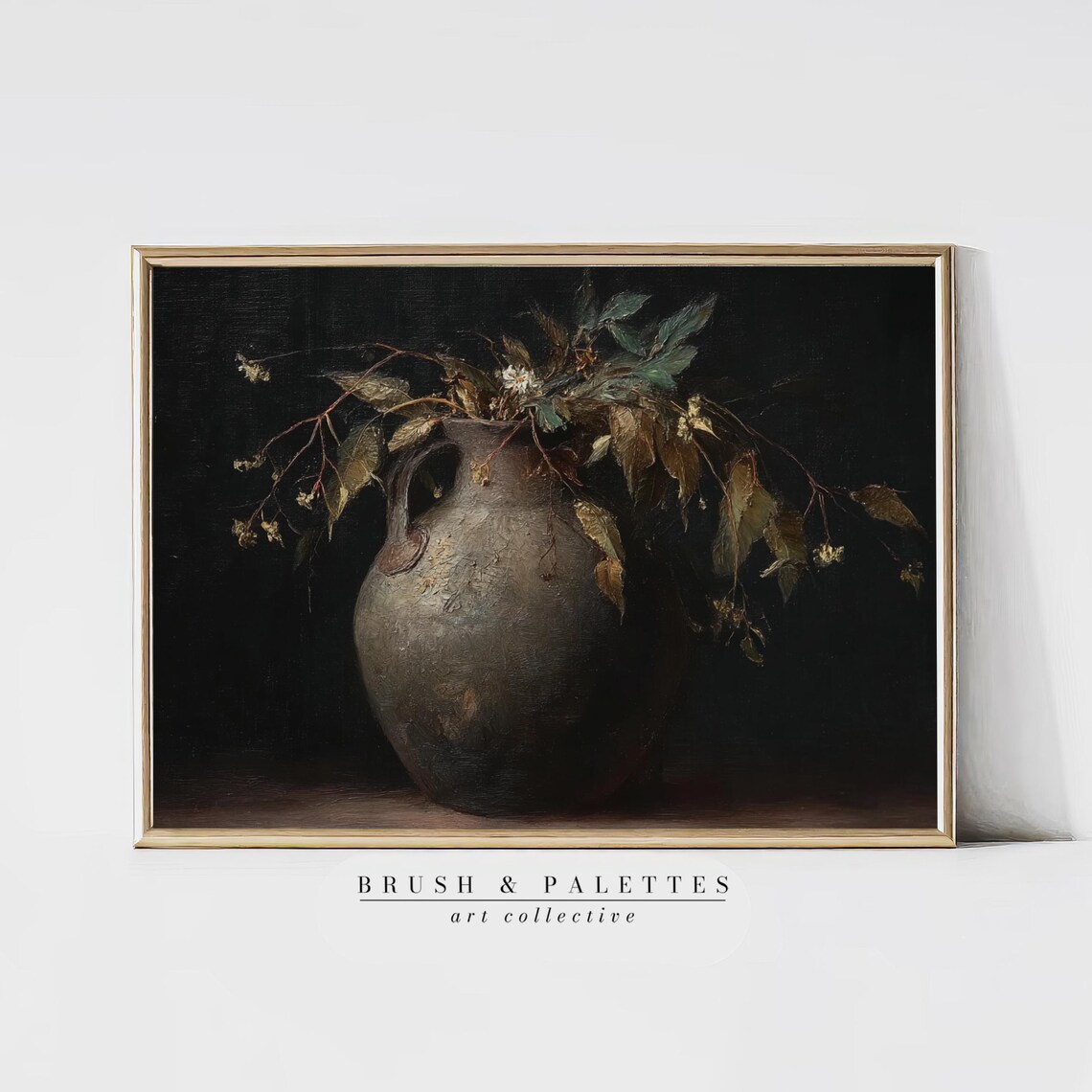 Dark Moody Still Life Painting Rustic Clay Jug Wild Foliage Poster