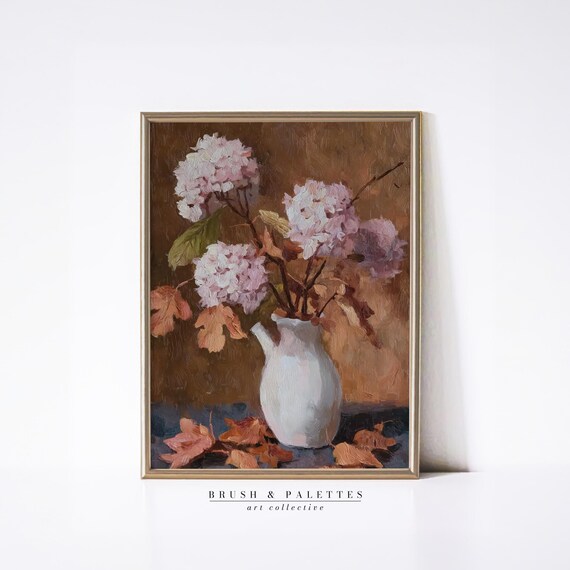 Pink Hydrangeas In White Vase With Autumn Leaves Vintage Still Life Poster