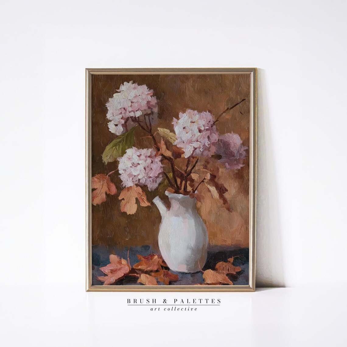 Pink Hydrangeas In White Vase With Autumn Leaves Vintage Still Life Poster