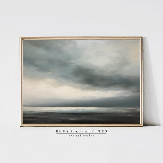 Moody Seascape Painting In Grey And Blue Ocean Wall Art With Stormy Sky Minimalist Coastal Decor For Modern Homes