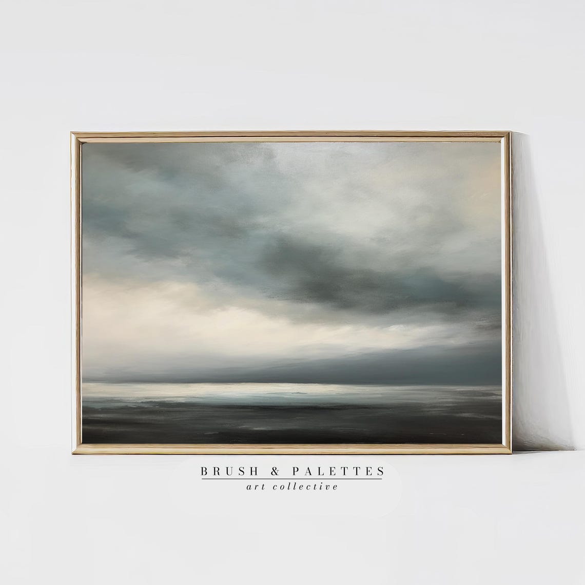 Moody Dark Ocean Horizon Under Stormy Gray Sky Abstract Print