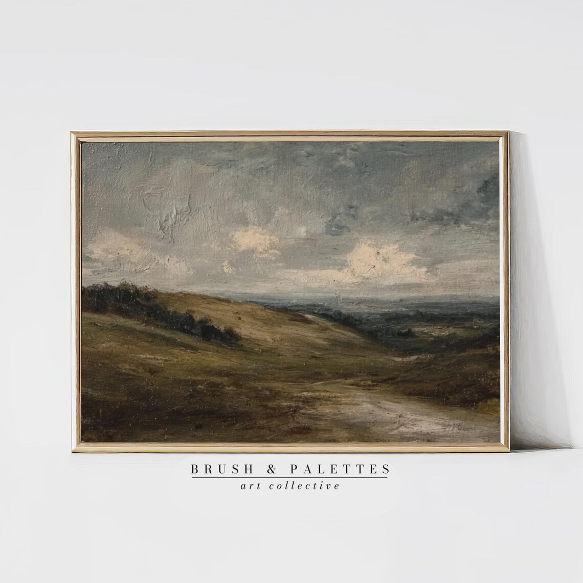Dark Moody Rolling Hills Overcast Sky Vintage Oil Landscape Print