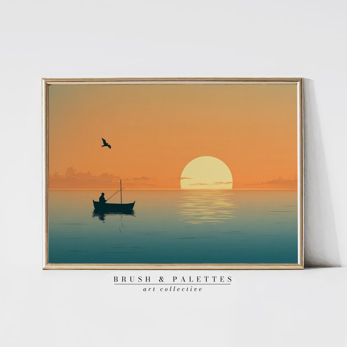 Lone Fisherman Boat Glowing Sunset Silhouette Ocean Art Print