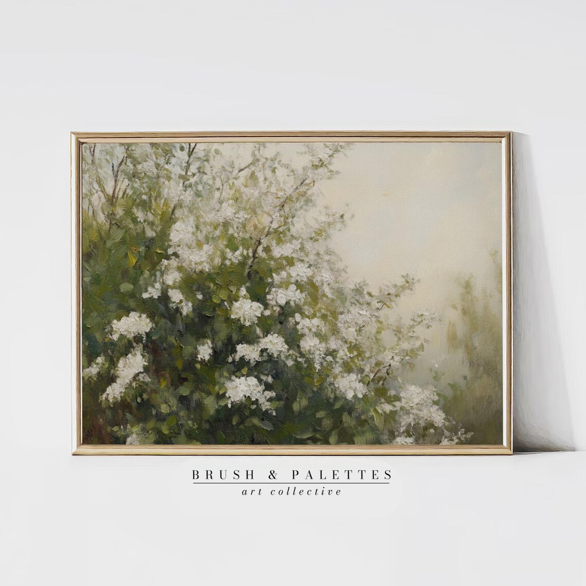 White Blossom Bush Oil Painting Elegant Spring Botanical Wall Poster