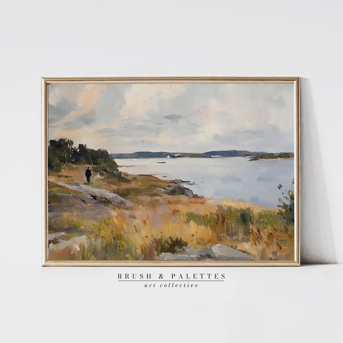 Lone Figure Walking Coastal Path Bay View Impressionist Print