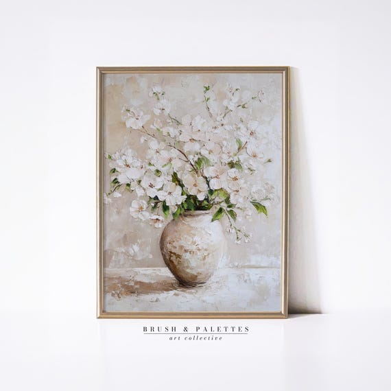 White Blossoms in Antique Vase, Vintage Still Life Art Print