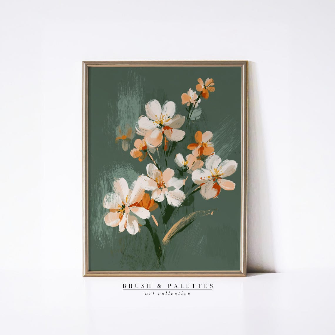 White Peach Blossom Branch Dark Green Background Floral Poster