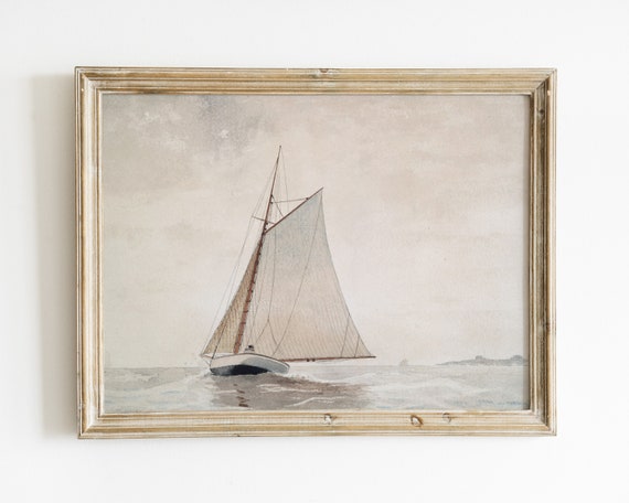 Vintage Ocean Boat Landscape Art Print, Beach Decor
