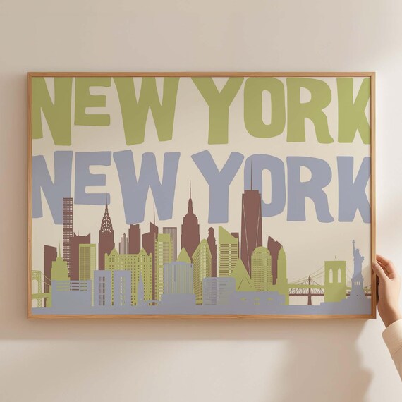 Retro New York City Skyline Pastel Green Blue Typography Poster