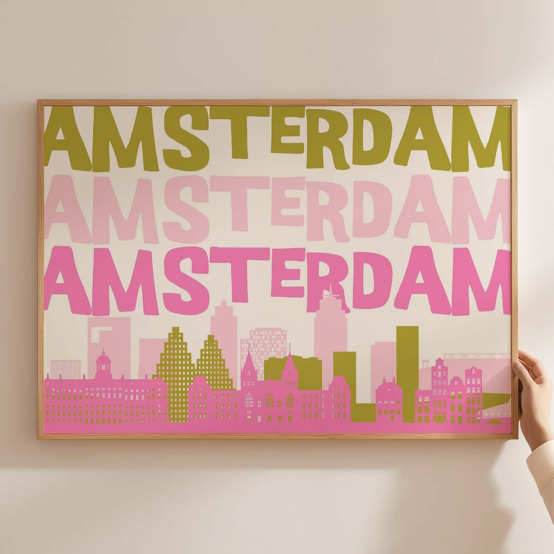 Pink And Green Amsterdam Skyline Triple Typography City Wall Poster