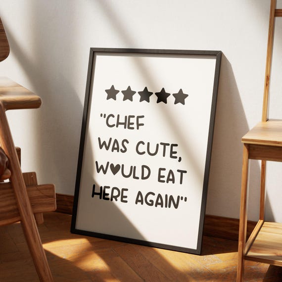 Kitchen Decor Wall Art Cute Cooking Heart Print Minimalist Black Chef