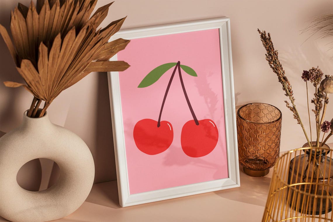 Red Cherry Pair Minimalist Pink Background Fruit Wall Decor Poster - Image 3