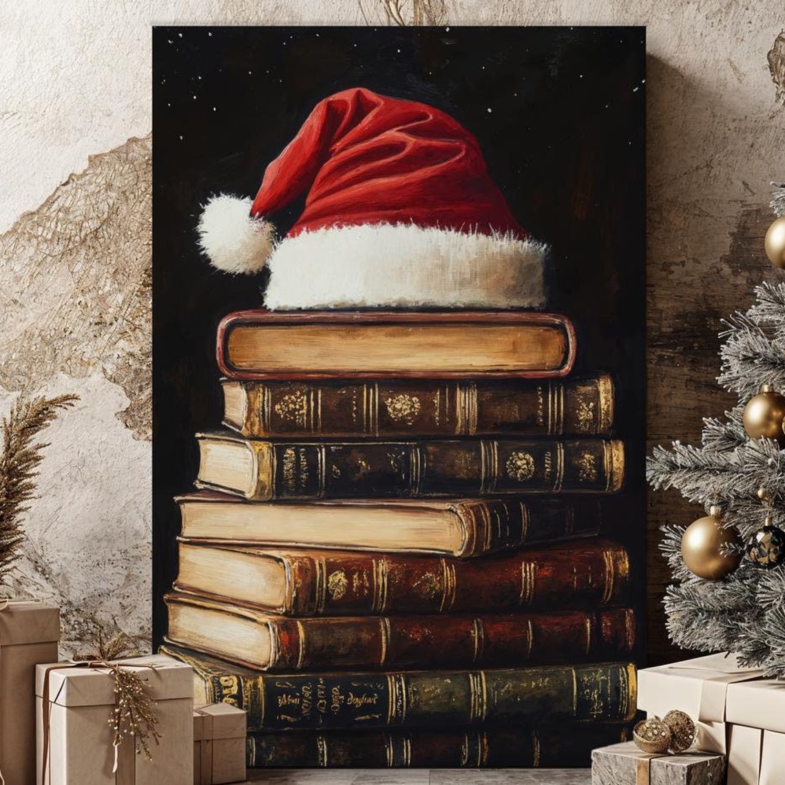 Vintage Book Stack Santa Hat Antique Library Christmas Art Poster