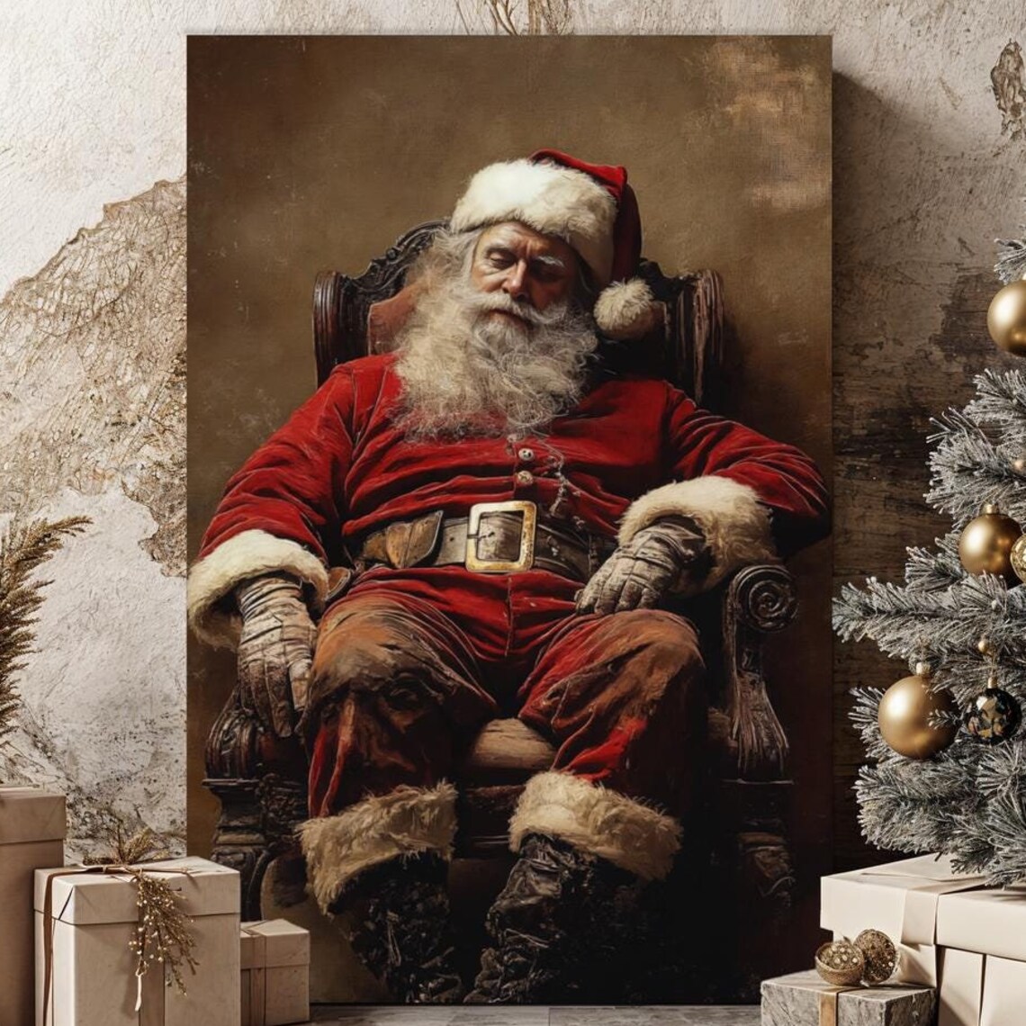 Sleeping Santa Claus Resting In Armchair Rustic Christmas Poster
