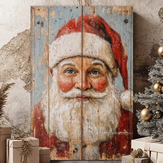 Rustic Santa Claus Portrait On Distressed Wood Farmhouse Poster