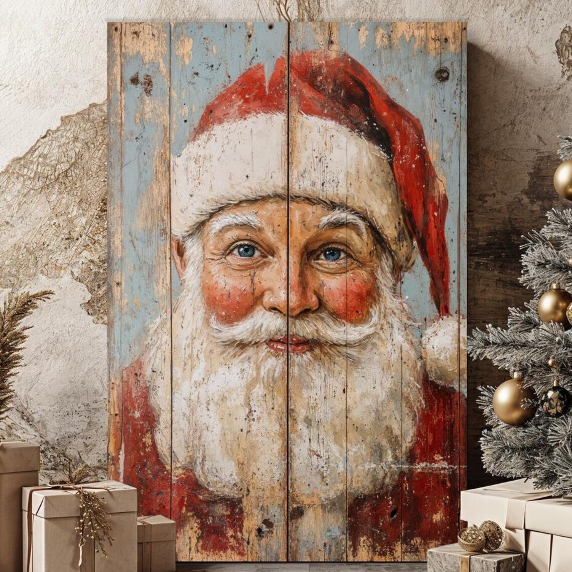Rustic Santa Claus Portrait On Distressed Wood Farmhouse Poster