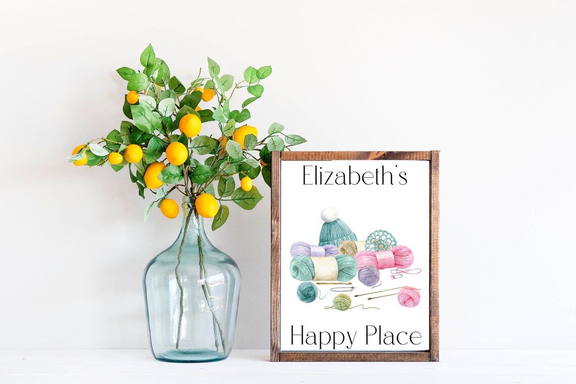 Personalized Knitting Happy Place Watercolor Yarn Sign Wall Art - Image 2