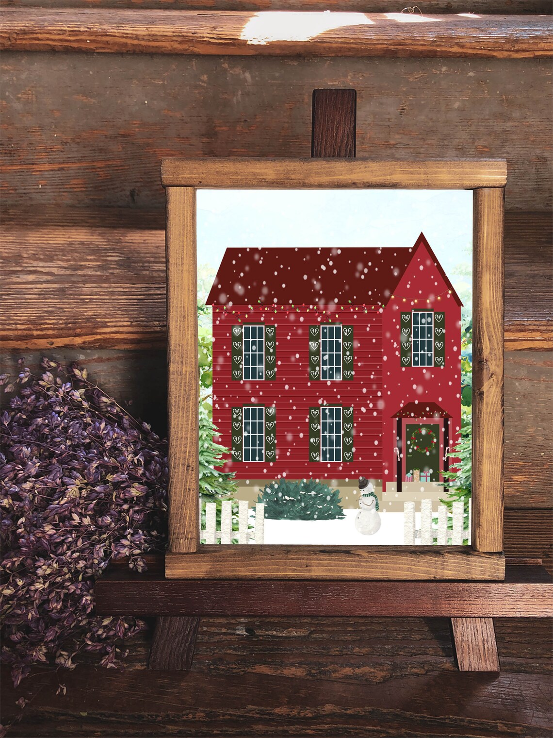 Cozy Red Farmhouse Christmas Snowy Night Scene Holiday Wall Art
