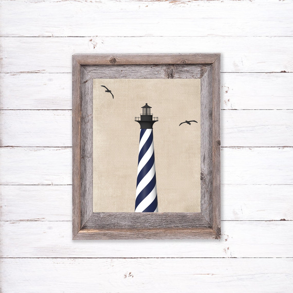 Navy Striped Lighthouse Seagulls Coastal Nautical Beach Art Poster - Image 4