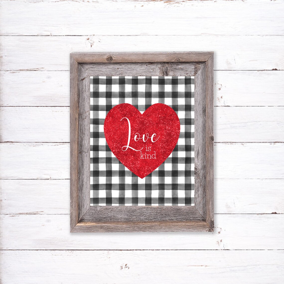 Love Is Kind Red Glitter Heart Buffalo Check Farmhouse Sign Poster - Image 4