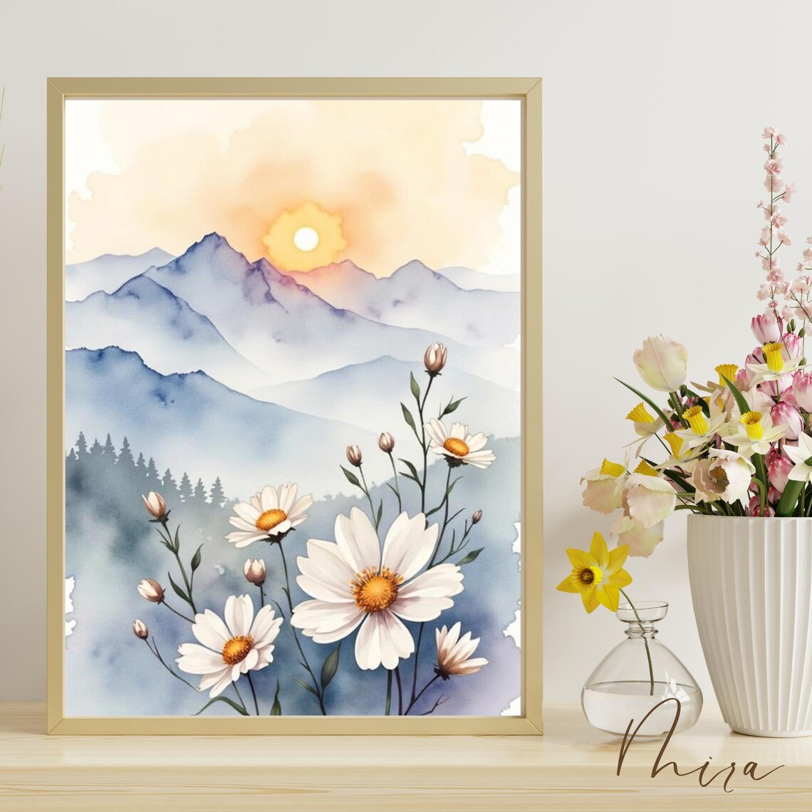 Misty Mountain Sunrise Watercolor Wildflower Landscape Poster