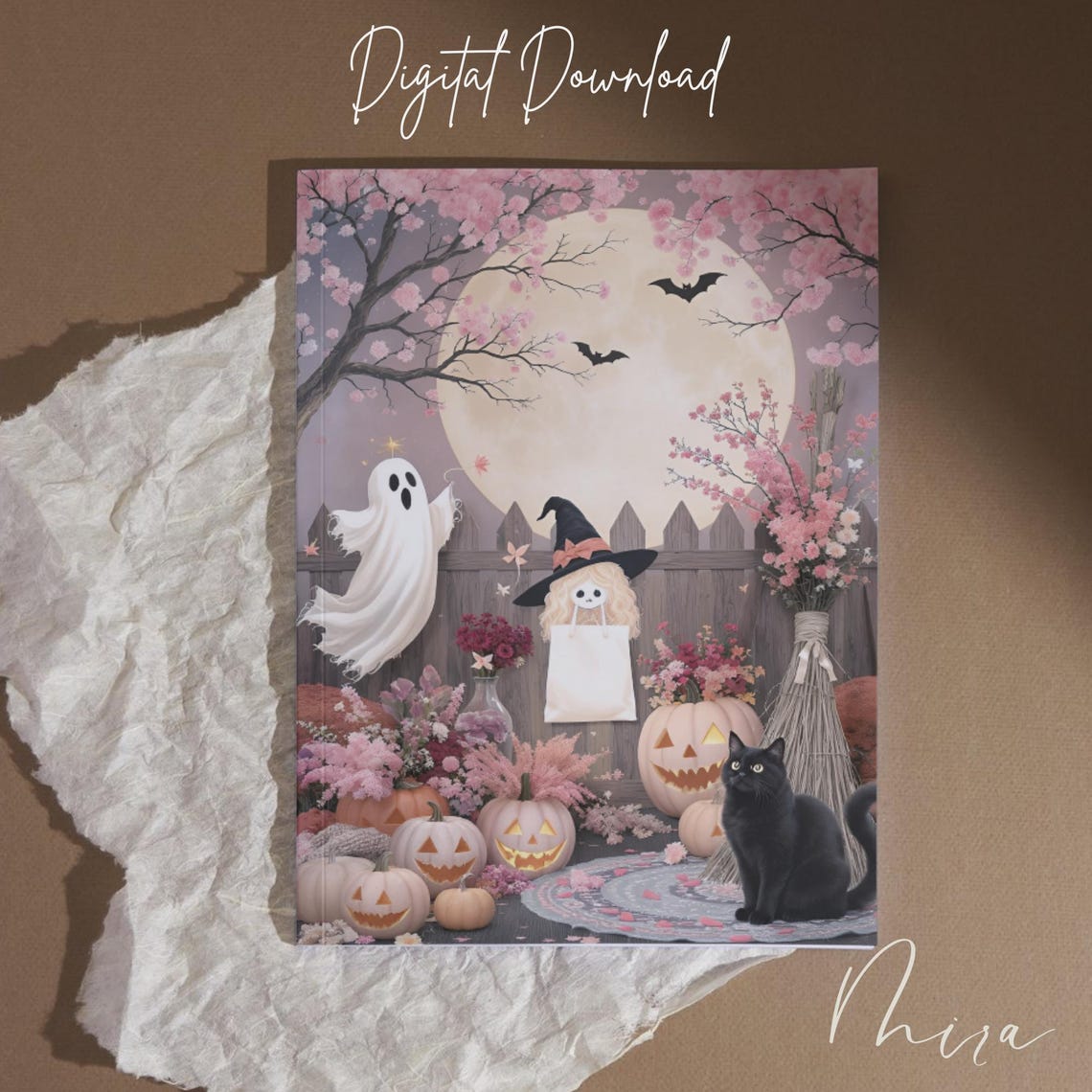 Halloween Art Pastel Pumpkins Black Cat Cherry Blossoms Pdf File Type