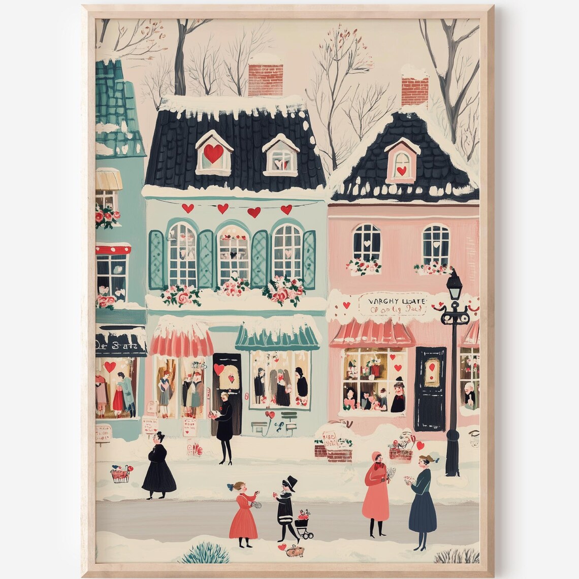 Valentines Day Village Romantic Scene Art Print