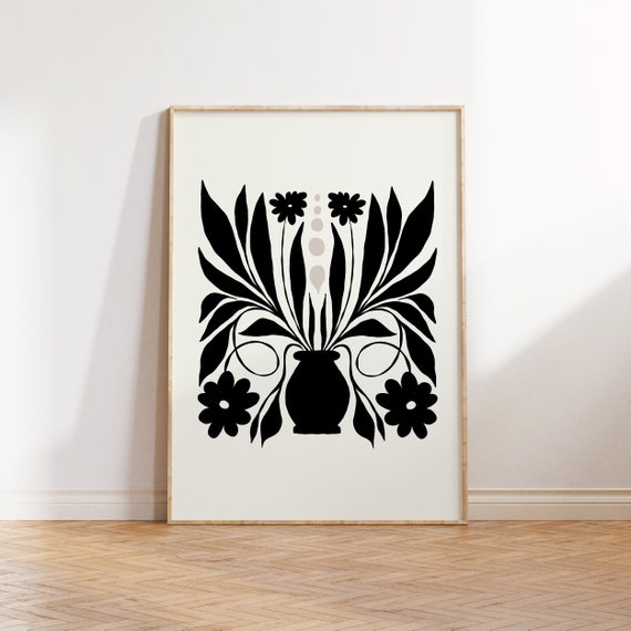 Dark Flowers Art Poster, Black and White Botanical