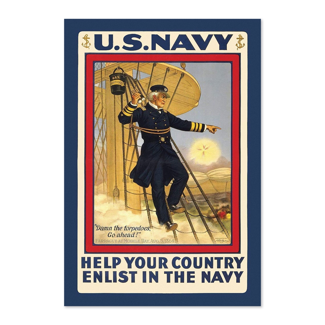US Navy Farragut Damn the Torpedoes 1864 Vintage Recruit Poster