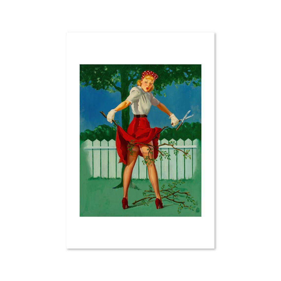 Gil Elvgren Pruning Pin-Up Girl Red Skirt Garden Mishap Poster