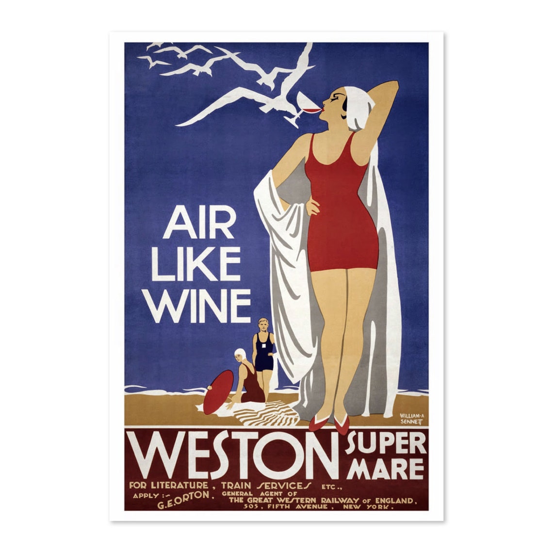 Air Like Wine Weston Super Mare Vintage Beach Railway Travel Poster