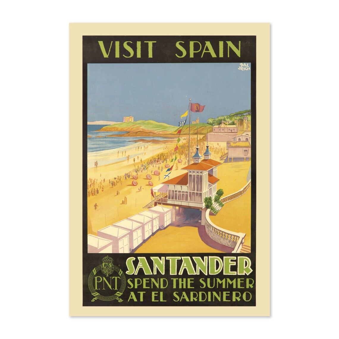 Santander El Sardinero Beach Visit Spain Vintage Travel Poster