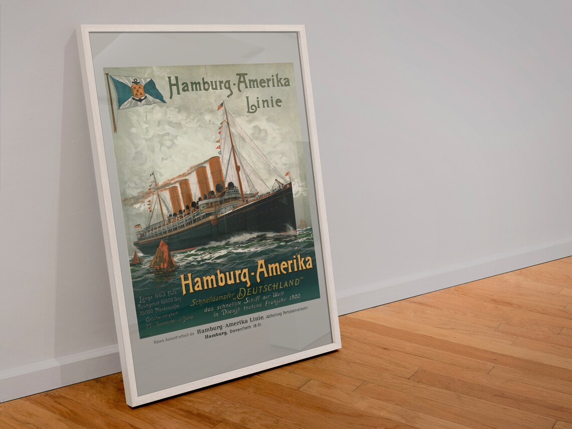 1900 Hamburg Amerika Line Vintage Travel Poster, Ocean Liner - Image 4