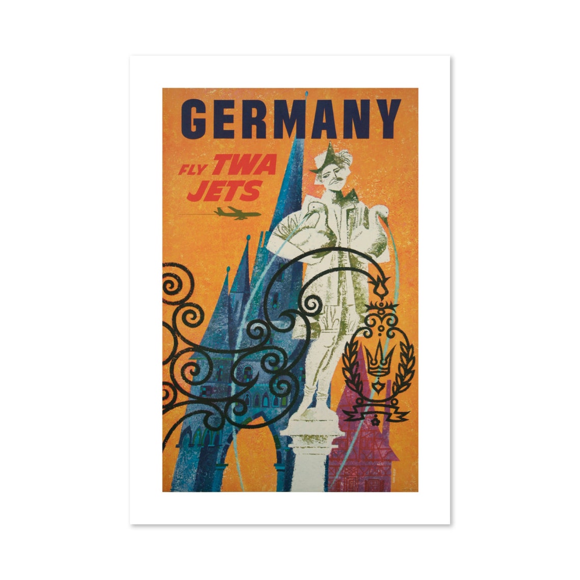 Germany Fly TWA Jets Fountain Statue Vintage Airline Travel Poster
