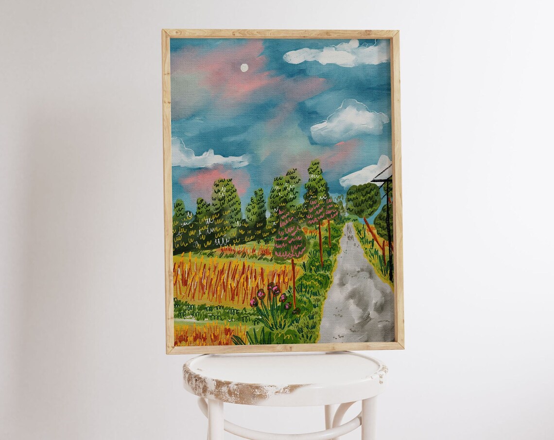 Colorful Countryside Landscape Wheat Field Folk Art Style Poster