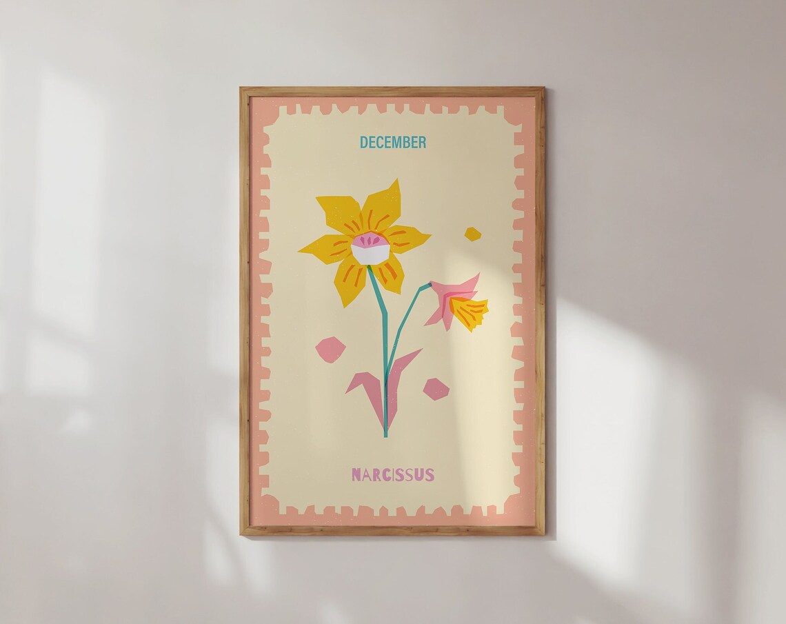 December Narcissus Birth Flower Vintage Stamp Botanical Art Poster